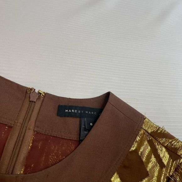 Marc By Maarc Jacobs Retro VTG Brown Gold Silk Metallic Dress Size 6 - Picture 6 of 8